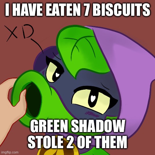 Cursed Green Shadow | I HAVE EATEN 7 BISCUITS; GREEN SHADOW STOLE 2 OF THEM | image tagged in cursed green shadow | made w/ Imgflip meme maker