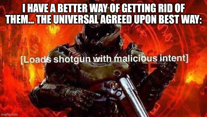 Loads shotgun with malicious intent | I HAVE A BETTER WAY OF GETTING RID OF THEM... THE UNIVERSAL AGREED UPON BEST WAY: | image tagged in loads shotgun with malicious intent | made w/ Imgflip meme maker
