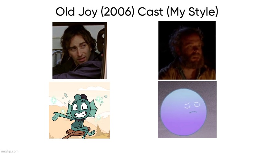 Old Joy (2006) Cast (My Style) | image tagged in old joy 2006 cast my style,meme,memes,spoof cast,old joy,characters | made w/ Imgflip meme maker