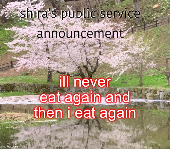 shira’s PSA | ill never eat again and then i eat again | image tagged in shira s psa | made w/ Imgflip meme maker