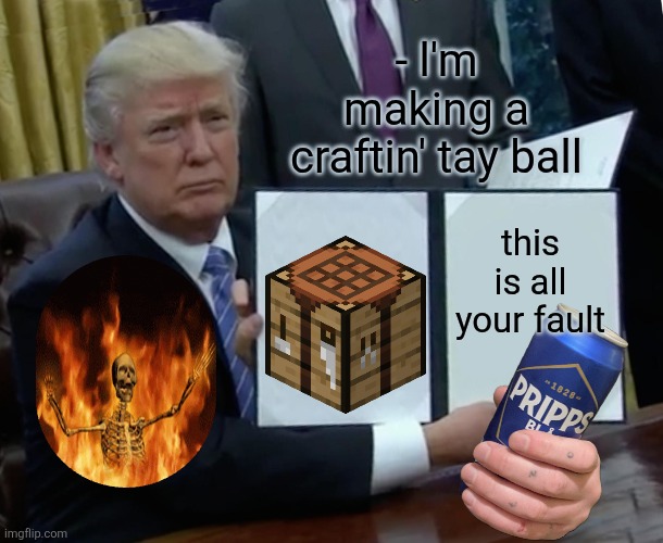 Trump Bill Signing | - l'm making a craftin' tay ball; this is all your fault | image tagged in memes,trump bill signing | made w/ Imgflip meme maker