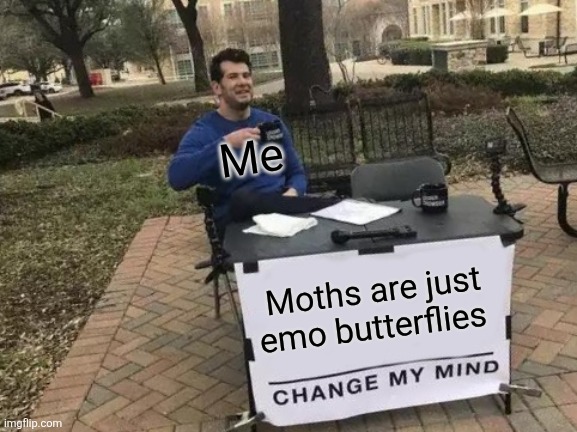 I'm waiting | Me; Moths are just emo butterflies | image tagged in memes,change my mind | made w/ Imgflip meme maker