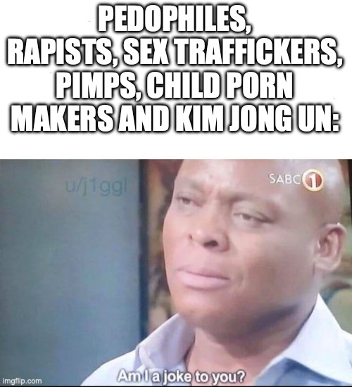 am I a joke to you | PEDOPHILES, RAPISTS, SEX TRAFFICKERS, PIMPS, CHILD PORN MAKERS AND KIM JONG UN: | image tagged in am i a joke to you | made w/ Imgflip meme maker