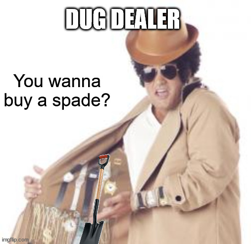 Trenchcoat Salesman | You wanna buy a spade? DUG DEALER | image tagged in trenchcoat salesman | made w/ Imgflip meme maker