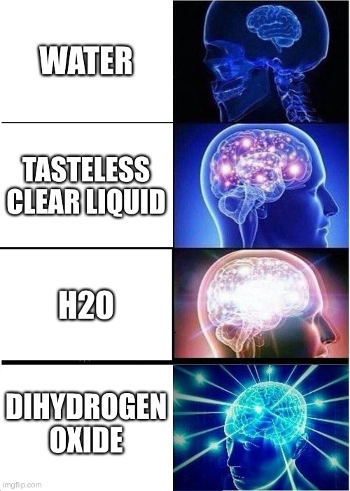 How to say water | WATER; TASTELESS CLEAR LIQUID; H2O; DIHYDROGEN OXIDE | image tagged in memes,expanding brain | made w/ Imgflip meme maker