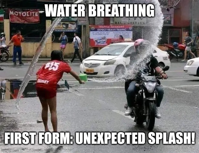 Fb | WATER BREATHING; FIRST FORM: UNEXPECTED SPLASH! | image tagged in fb,anime meme,funny memes | made w/ Imgflip meme maker
