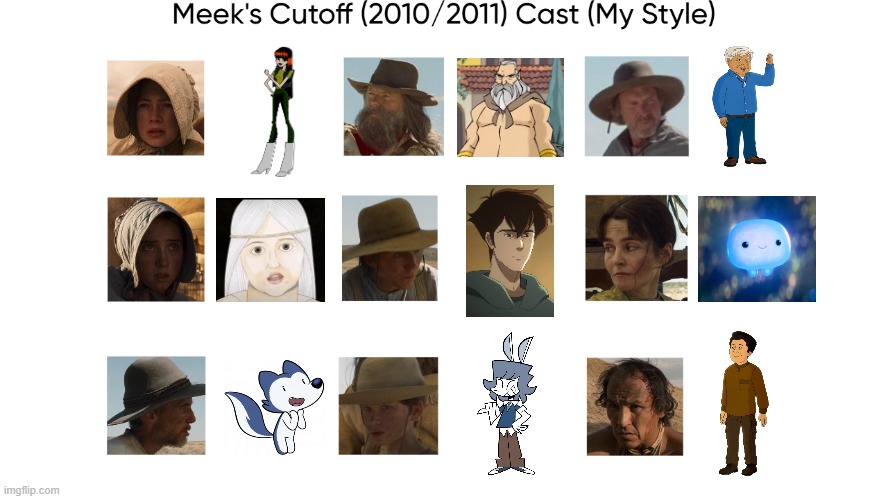 Meek's Cutoff (2010/2011) Cast (My Style) | image tagged in meek's cutoff 2010/2011 cast my style,meme,memes,spoof cast,meek's cutoff,characters | made w/ Imgflip meme maker