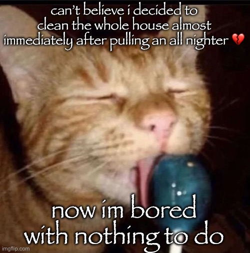 silly goober 2 | can’t believe i decided to clean the whole house almost immediately after pulling an all nighter 💔; now im bored with nothing to do | image tagged in silly goober 2 | made w/ Imgflip meme maker