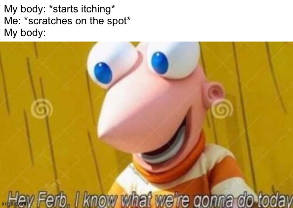 Why‘d it itch more if I scratch on this gah dayum spot | My body: *starts itching*
Me: *scratches on the spot*
My body: | image tagged in hey ferb,funny,memes,itching,relatable,fr tho | made w/ Imgflip meme maker