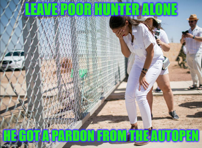 AOC discovers the existence of fences | LEAVE POOR HUNTER ALONE HE GOT A PARDON FROM THE AUTOPEN | image tagged in aoc discovers the existence of fences | made w/ Imgflip meme maker