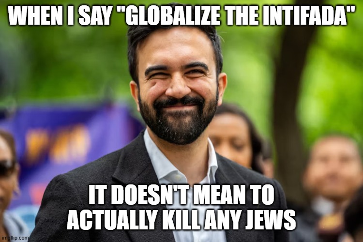 Zohran Mamdani grinning | WHEN I SAY "GLOBALIZE THE INTIFADA"; IT DOESN'T MEAN TO ACTUALLY KILL ANY JEWS | image tagged in zohran mamdani grinning | made w/ Imgflip meme maker