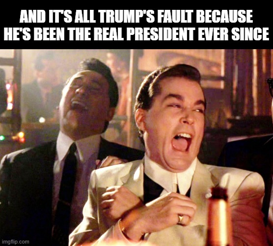 AND IT'S ALL TRUMP'S FAULT BECAUSE HE'S BEEN THE REAL PRESIDENT EVER SINCE | image tagged in memes,good fellas hilarious | made w/ Imgflip meme maker