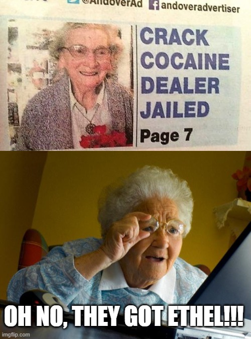 Grandma Arrested | OH NO, THEY GOT ETHEL!!! | image tagged in old lady at computer finds the internet | made w/ Imgflip meme maker