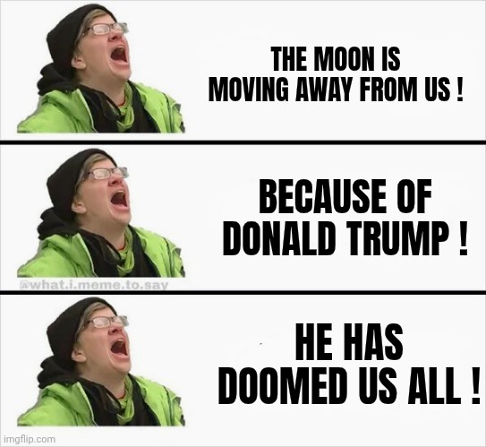 Whining Liberal | THE MOON IS MOVING AWAY FROM US ! BECAUSE OF DONALD TRUMP ! HE HAS DOOMED US ALL ! | image tagged in whining liberal | made w/ Imgflip meme maker