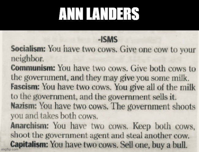 An Oldie but a Goodie | ANN LANDERS | image tagged in ann landers,socialism,communism,capitalism | made w/ Imgflip meme maker