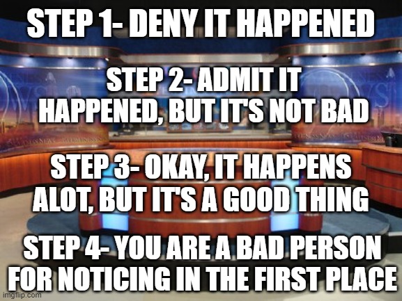 Media cover-ups | STEP 1- DENY IT HAPPENED; STEP 2- ADMIT IT HAPPENED, BUT IT'S NOT BAD; STEP 3- OKAY, IT HAPPENS ALOT, BUT IT'S A GOOD THING; STEP 4- YOU ARE A BAD PERSON FOR NOTICING IN THE FIRST PLACE | image tagged in news media | made w/ Imgflip meme maker