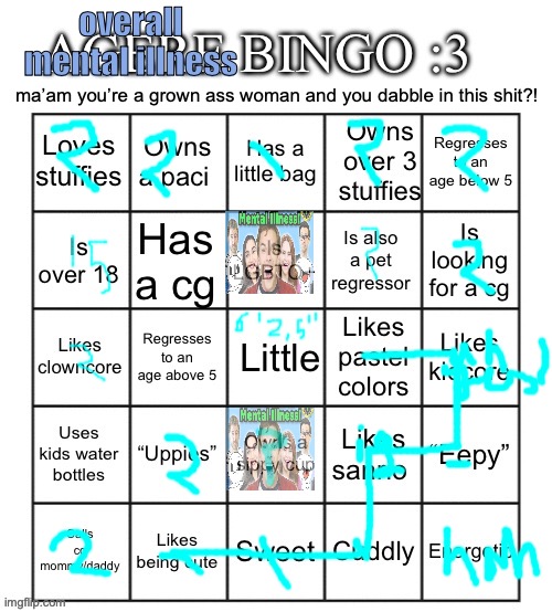 Agere bingo by EROP | overall mental illness; ma’am you’re a grown ass woman and you dabble in this shit?! | image tagged in agere bingo by erop | made w/ Imgflip meme maker