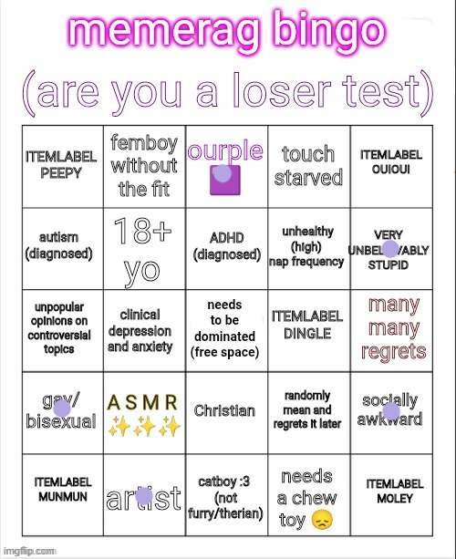 what is this bingo | image tagged in memerag loser bingo | made w/ Imgflip meme maker