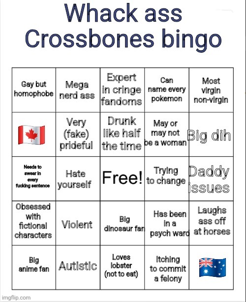 Whack ass crossboner bingo | image tagged in whack ass crossboner bingo | made w/ Imgflip meme maker