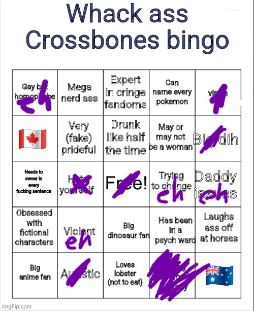 Whack ass crossboner bingo | image tagged in whack ass crossboner bingo | made w/ Imgflip meme maker