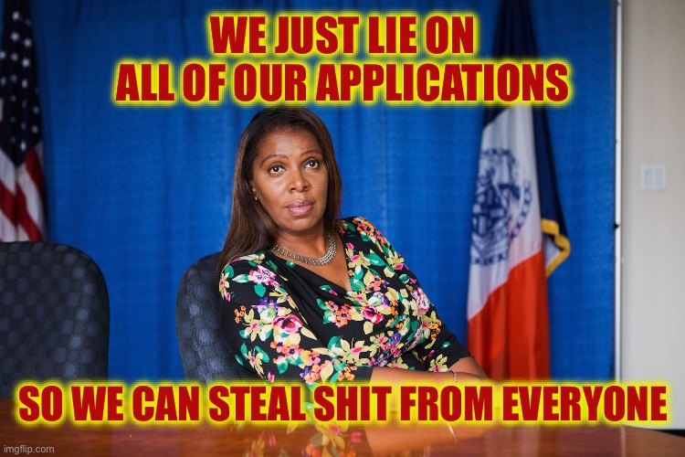 Letitia James | WE JUST LIE ON ALL OF OUR APPLICATIONS SO WE CAN STEAL SHIT FROM EVERYONE | image tagged in letitia james | made w/ Imgflip meme maker
