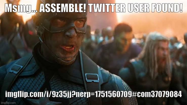 Avengers... assemble | Msmg... ASSEMBLE! TWITTER USER FOUND! imgflip.com/i/9z35jj?nerp=1751560709#com37079084 | image tagged in avengers assemble | made w/ Imgflip meme maker
