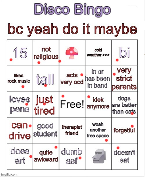 Disco bingo but slightly less terrible | image tagged in disco bingo but slightly less terrible | made w/ Imgflip meme maker
