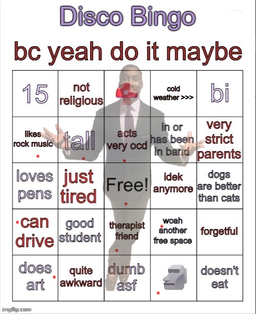 Disco bingo but slightly less terrible | image tagged in disco bingo but slightly less terrible | made w/ Imgflip meme maker