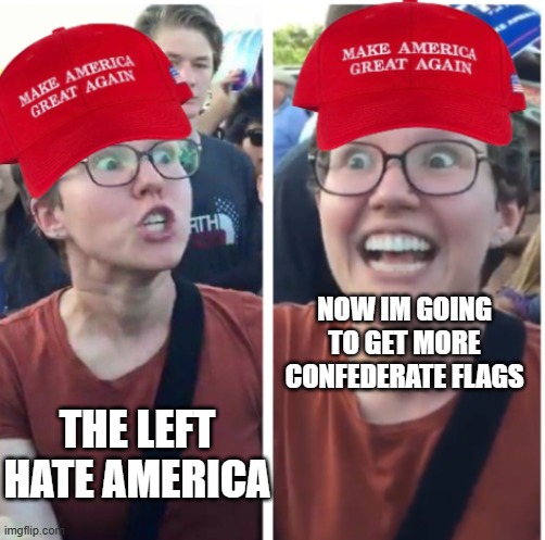 Maga Hypocrisy | NOW IM GOING TO GET MORE CONFEDERATE FLAGS; THE LEFT HATE AMERICA | image tagged in maga hypocrisy | made w/ Imgflip meme maker