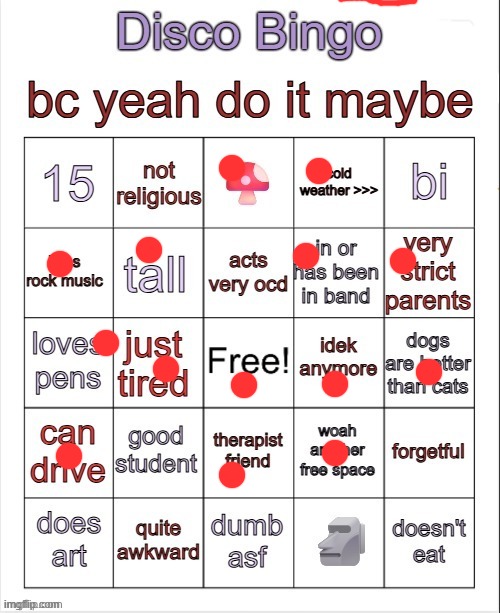 Disco bingo but slightly less terrible | image tagged in disco bingo but slightly less terrible | made w/ Imgflip meme maker