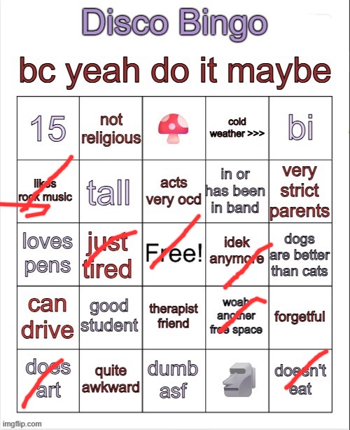 Disco bingo but slightly less terrible | image tagged in disco bingo but slightly less terrible | made w/ Imgflip meme maker
