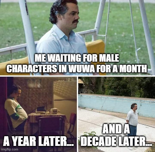 waiting for male characters in wuwa | ME WAITING FOR MALE CHARACTERS IN WUWA FOR A MONTH; A YEAR LATER... AND A DECADE LATER... | image tagged in memes,sad pablo escobar | made w/ Imgflip meme maker