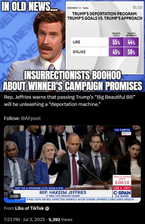 ... | IN OLD NEWS... INSURRECTIONISTS BOOHOO ABOUT WINNER'S CAMPAIGN PROMISES | image tagged in donald trump,democrats,deportation,illegal aliens,anchorman | made w/ Imgflip meme maker