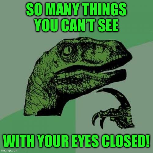 Philosoraptor | SO MANY THINGS YOU CAN’T SEE; WITH YOUR EYES CLOSED! | image tagged in memes,philosoraptor | made w/ Imgflip meme maker