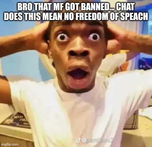 Shocked black guy | BRO THAT MF GOT BANNED... CHAT DOES THIS MEAN NO FREEDOM OF SPEACH | image tagged in shocked black guy | made w/ Imgflip meme maker