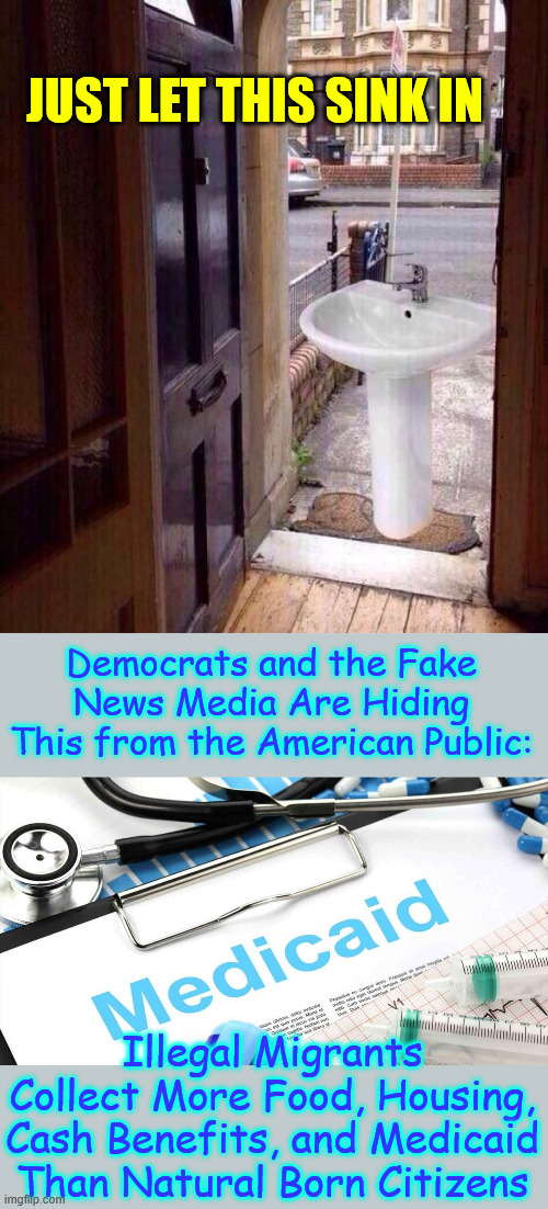 dems and MSM hiding truth from Americans | JUST LET THIS SINK IN; Democrats and the Fake News Media Are Hiding This from the American Public:; Illegal Migrants Collect More Food, Housing, Cash Benefits, and Medicaid Than Natural Born Citizens | image tagged in just let that sink in,illegals get more benefits than americans,dishonest dems,lying msm | made w/ Imgflip meme maker