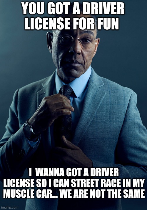 Gus Fring we are not the same | YOU GOT A DRIVER LICENSE FOR FUN I  WANNA GOT A DRIVER LICENSE SO I CAN STREET RACE IN MY MUSCLE CAR... WE ARE NOT THE SAME | image tagged in gus fring we are not the same | made w/ Imgflip meme maker