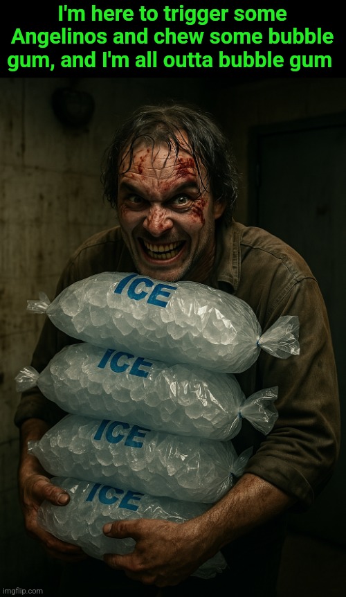 Keep California Cool this Summer | I'm here to trigger some Angelinos and chew some bubble gum, and I'm all outta bubble gum | image tagged in ice,trigger,bubble gum,illegal immigration | made w/ Imgflip meme maker