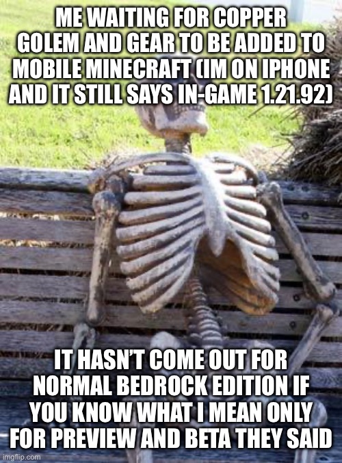 When I go into App Store on my iPhone, it doesn’t show update button. | ME WAITING FOR COPPER GOLEM AND GEAR TO BE ADDED TO MOBILE MINECRAFT (IM ON IPHONE AND IT STILL SAYS IN-GAME 1.21.92); IT HASN’T COME OUT FOR NORMAL BEDROCK EDITION IF YOU KNOW WHAT I MEAN ONLY FOR PREVIEW AND BETA THEY SAID | image tagged in memes,waiting skeleton | made w/ Imgflip meme maker