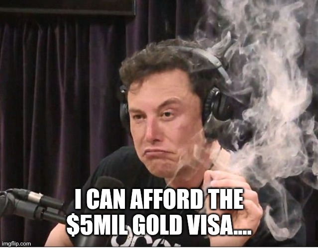 Elon Musk smoking a joint | I CAN AFFORD THE $5MIL GOLD VISA.... | image tagged in elon musk smoking a joint | made w/ Imgflip meme maker