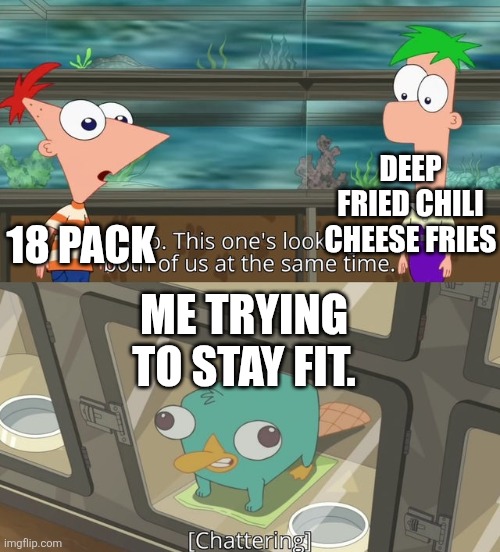 perry the platypus | DEEP FRIED CHILI CHEESE FRIES; 18 PACK; ME TRYING TO STAY FIT. | image tagged in perry the platypus | made w/ Imgflip meme maker
