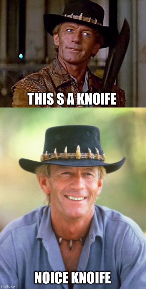 THIS S A KNOIFE; NOICE KNOIFE | image tagged in crocodile dundee knife,noice,knoife | made w/ Imgflip meme maker