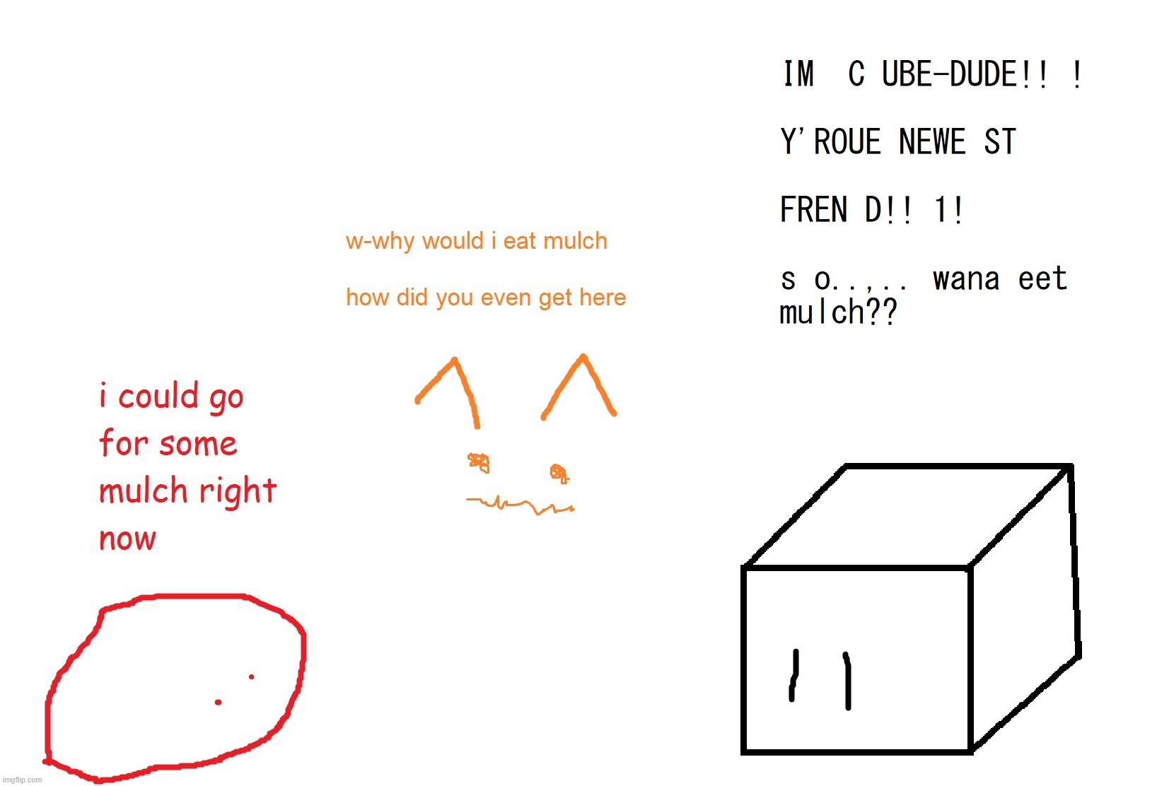 the third character of this mentally unstable friend group: cube dude! aka cubey | made w/ Imgflip meme maker