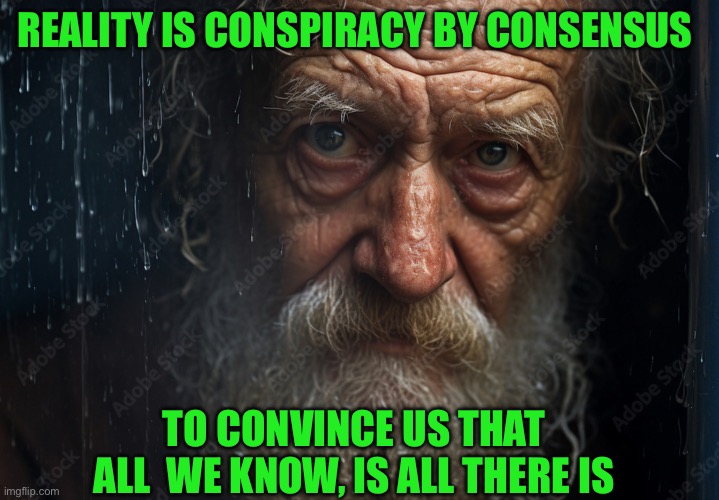 Street prophet | REALITY IS CONSPIRACY BY CONSENSUS; TO CONVINCE US THAT ALL  WE KNOW, IS ALL THERE IS | image tagged in homeless cardboard | made w/ Imgflip meme maker