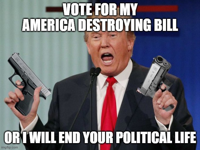 MEDICARE CUTS WILL EFFECT YOU OLD REPUBLICANS!!! | VOTE FOR MY AMERICA DESTROYING BILL; OR I WILL END YOUR POLITICAL LIFE | image tagged in gun trump | made w/ Imgflip meme maker