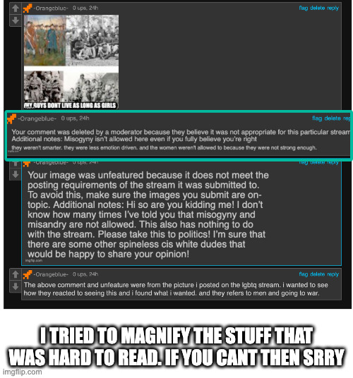 i posted this image in three streams and discovered the reactions of each community. this was in lgbtq stream. | I TRIED TO MAGNIFY THE STUFF THAT WAS HARD TO READ. IF YOU CANT THEN SRRY | made w/ Imgflip meme maker