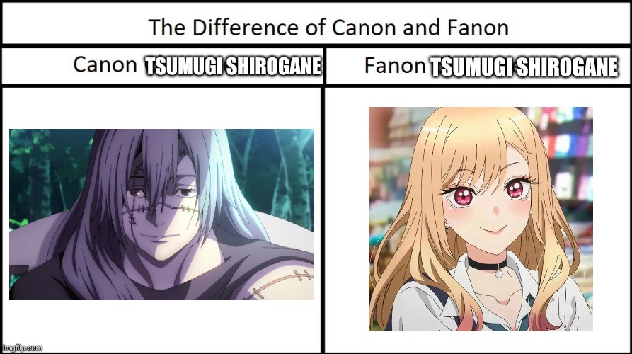 The Resemblance is Uncanny | TSUMUGI SHIROGANE; TSUMUGI SHIROGANE | image tagged in fanon vs canon,memes,danganronpa,jujutsu kaisen,anime | made w/ Imgflip meme maker