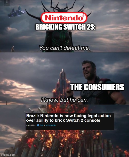 After years of suing fangames, the tables have turned. | BRICKING SWITCH 2S:; THE CONSUMERS | image tagged in you can't defeat me | made w/ Imgflip meme maker