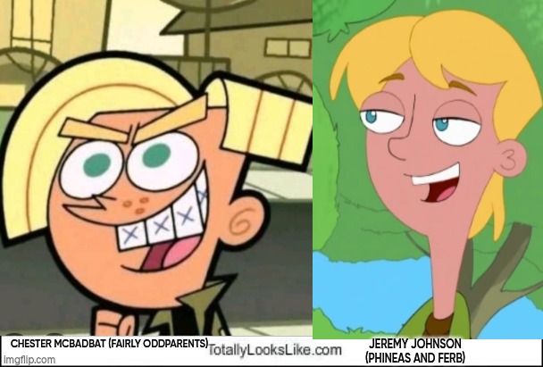 Chester McBadBat (Fairly OddParents) meets Jeremy Johnson (Phineas and Ferb) | CHESTER MCBADBAT (FAIRLY ODDPARENTS); JEREMY JOHNSON (PHINEAS AND FERB) | image tagged in chester mcbadbat,fairly odd parents,jeremyjohnson,phineas and ferb | made w/ Imgflip meme maker