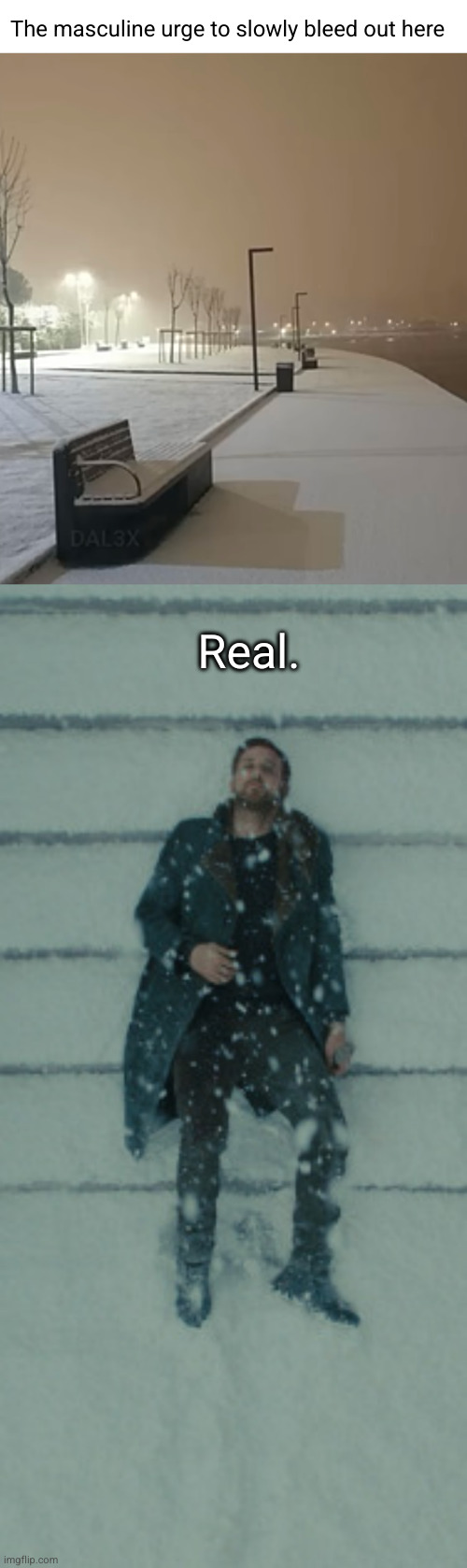 dang | The masculine urge to slowly bleed out here; Real. | image tagged in ryan gosling officer k laying on the snow,bleed out,ryan gosling,snow,masculine,relatable | made w/ Imgflip meme maker